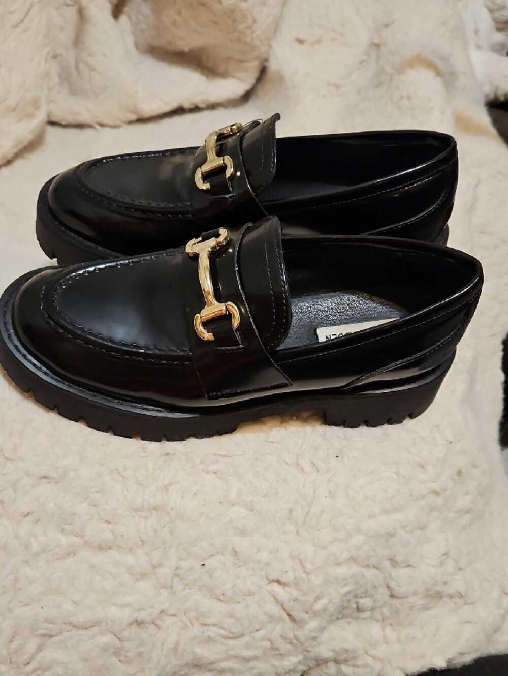 Steve Madden Black Patent Loafers with Gold Buckle - Picture 3 of 7
